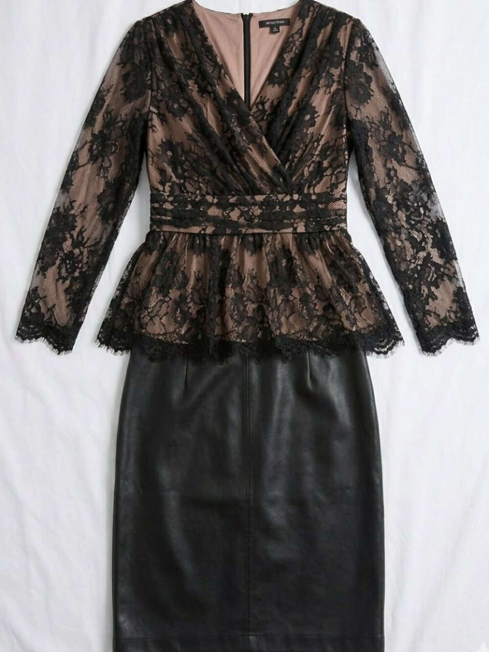 NWT Tadashi Shoji Vintage Black Lace Peplum Top & Leather Skirt Set Size 10 - Picture 15 of 16